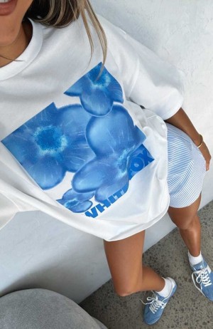 White Fox Bloom For You Oversized Tee White/Blue | YHXLZV-972