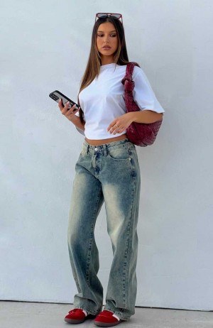 White Fox Bring The Style Low Rise Wide Leg Jeans Sand | HFSXVN-589