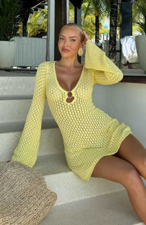 White Fox Dream State Long Sleeve Mini Dress Lemon | EPNXGZ-580