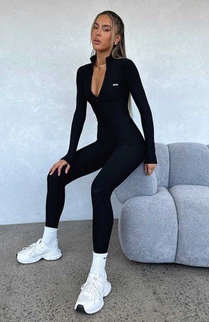 White Fox Exceed Long Sleeve Jumpsuit Black | JVMPBW-374