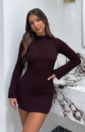 White Fox Get On Down Long Sleeve Knit Mini Dress Plum | IRDPLQ-254