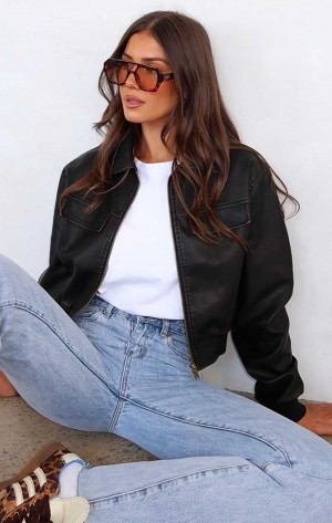 White Fox Jaded Nights PU Bomber Jacket Dark Chocolate | IPGXND-489