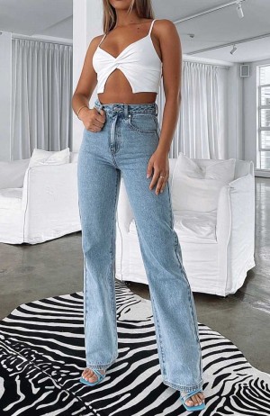 White Fox Long Way To Go High Rise Straight Leg Jeans Washed Blue | NRWYHZ-372