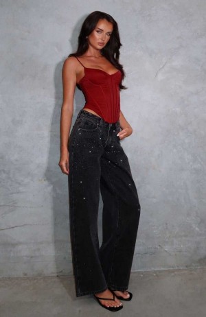 White Fox Luna Low Rise Wide Leg Jeans Washed Black | EIGZFN-857