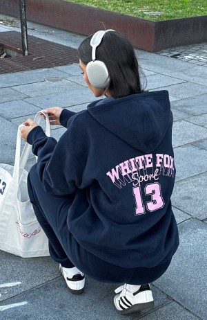 White Fox Out Of Line Oversized Hoodie Navy | QRLBPK-973