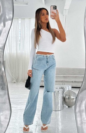 White Fox Out Too Late Mid Rise Straight Leg Jeans Vintage Mid Blue | HFOIUA-018