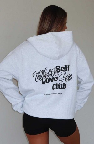 White Fox Self Love Always Oversized Hoodie Grey Marle | ORGTYN-475