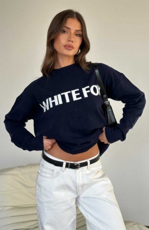 White Fox Set Me Free Knit Sweater Navy | NLADEM-023