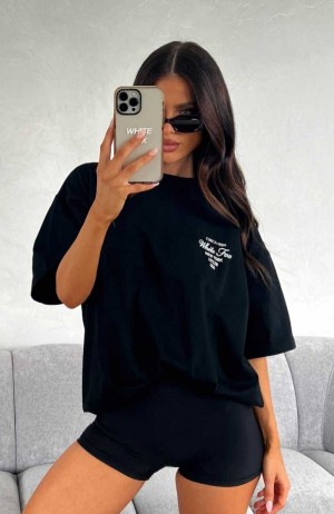 White Fox Show Me The World Oversized Tee Black | OWXNFA-384