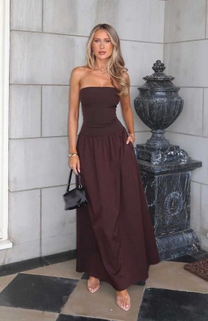 White Fox Take Back Maxi Dress Chocolate | FLIZNY-394