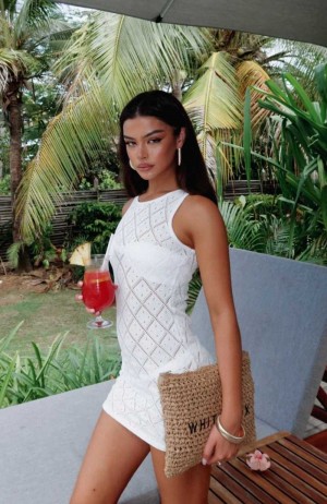 White Fox Talk To You Crochet Mini Dress White | NTPYDA-079