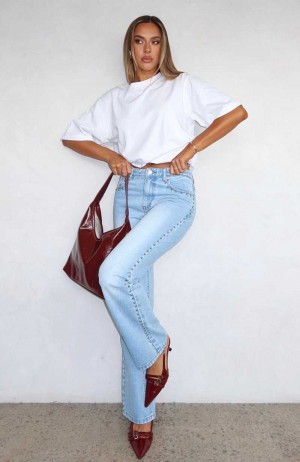 White Fox Unmatched Studded Mid Rise Straight Leg Jeans Cerulean Wash | KEHADZ-973