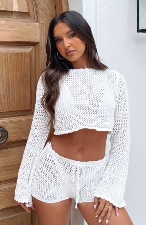 White Fox Want To Want Me Long Sleeve Crochet Top White | PGFBWE-349