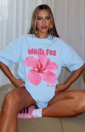 White Fox With Love & Romance Oversized Tee Baby Blue | XOZTNW-207