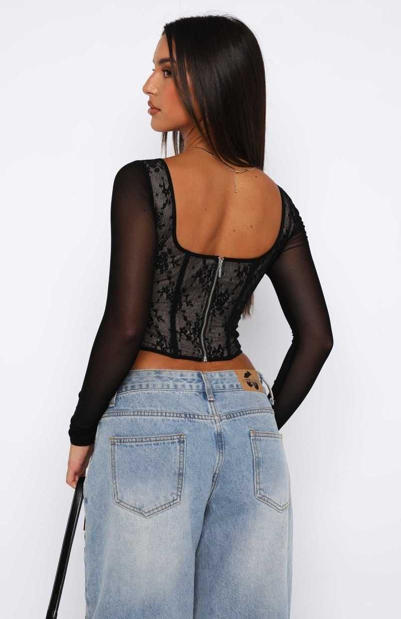 White Fox A Good Night Lace Long Sleeve Bustier Black | OUJTKX-527