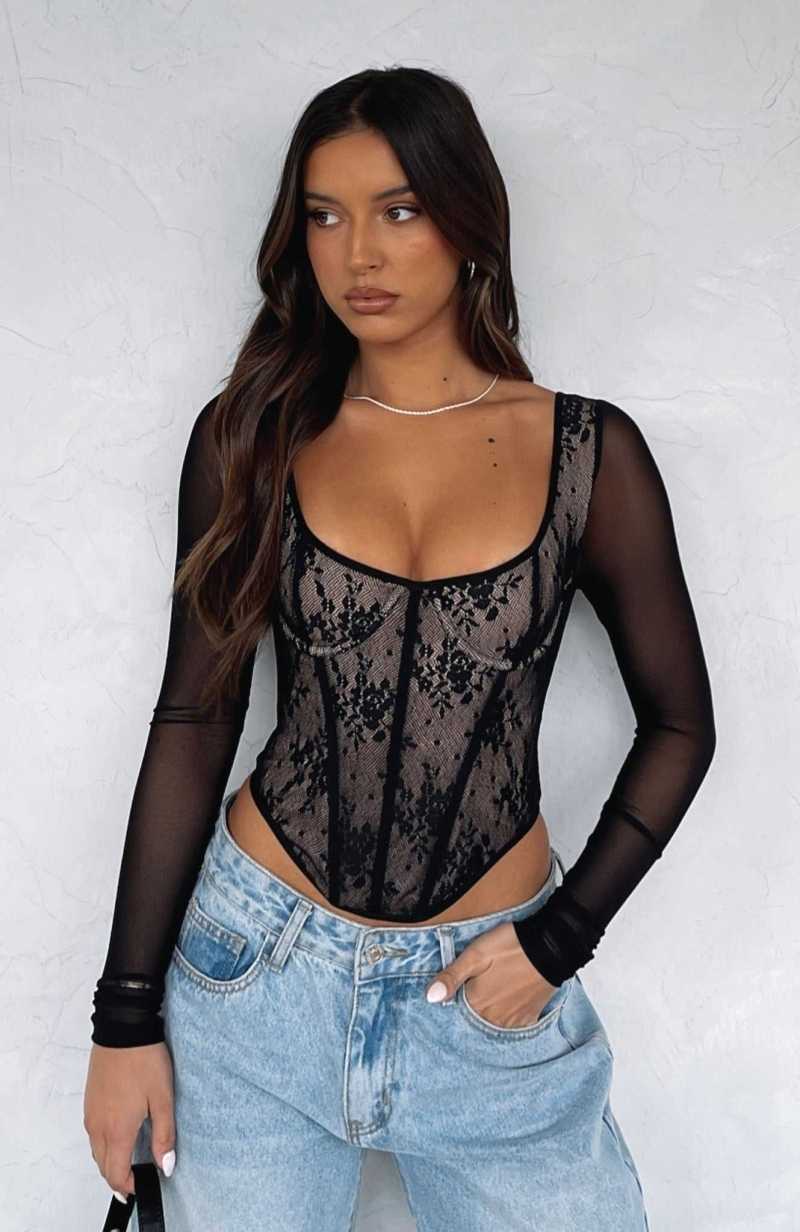 White Fox A Good Night Lace Long Sleeve Bustier Black | OUJTKX-527