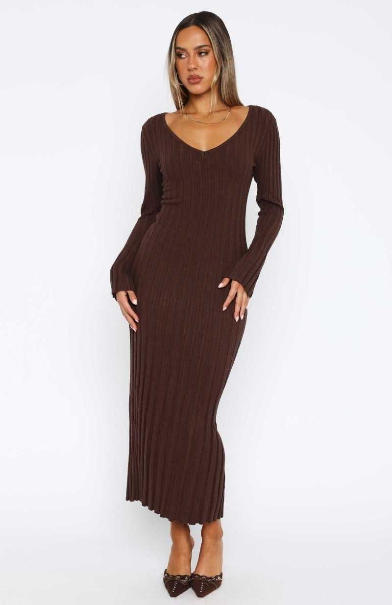 White Fox A New Direction Long Sleeve Maxi Dress Espresso | ZXAFTG-791