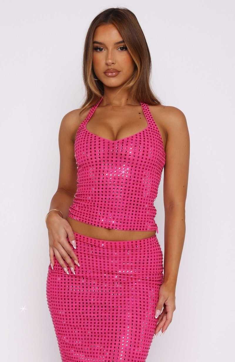 White Fox A Starry Night Embellished Halter Top Fuschia | OCWTRV-192