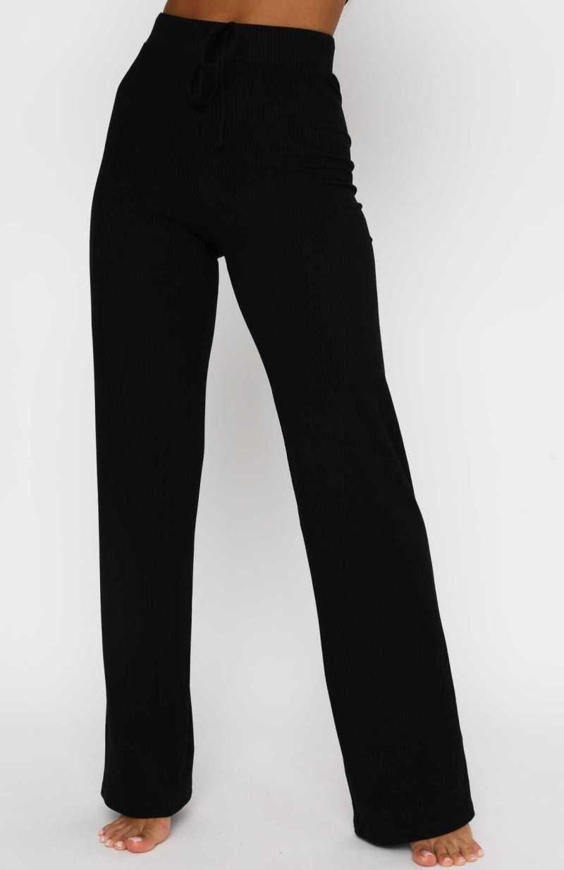 White Fox Adore You Ribbed Pants Black | HMPDLO-415