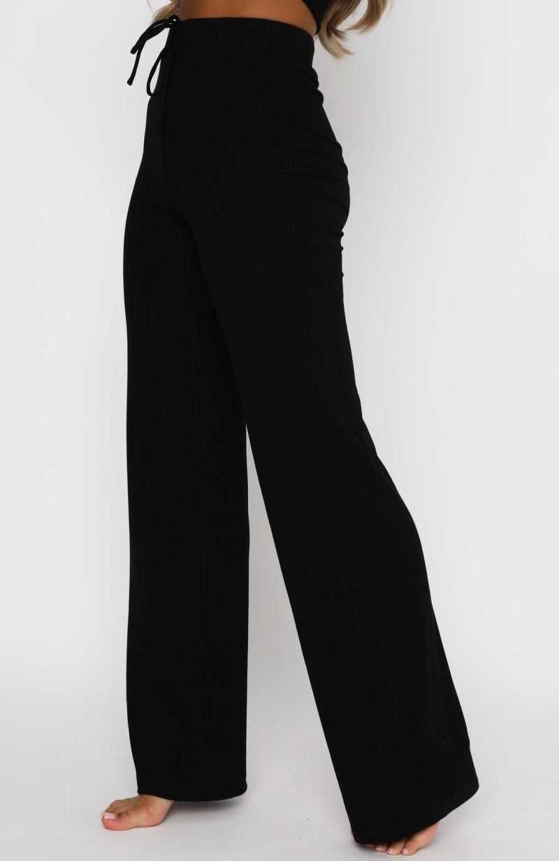 White Fox Adore You Ribbed Pants Black | HMPDLO-415