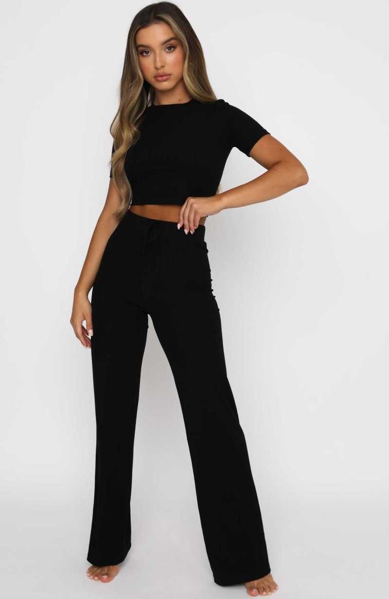 White Fox Adore You Ribbed Pants Black | HMPDLO-415