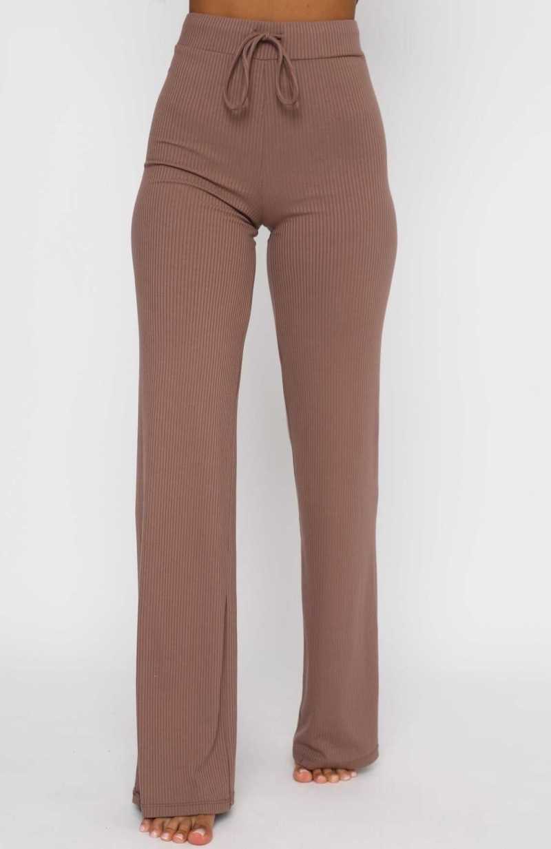 White Fox Adore You Ribbed Pants Chocolate | OLZUVG-132