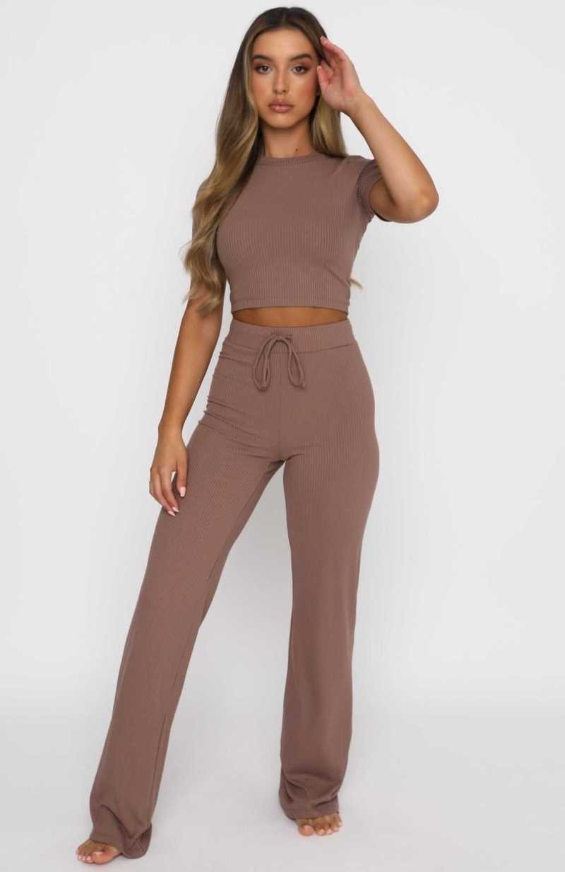 White Fox Adore You Ribbed Pants Chocolate | OLZUVG-132