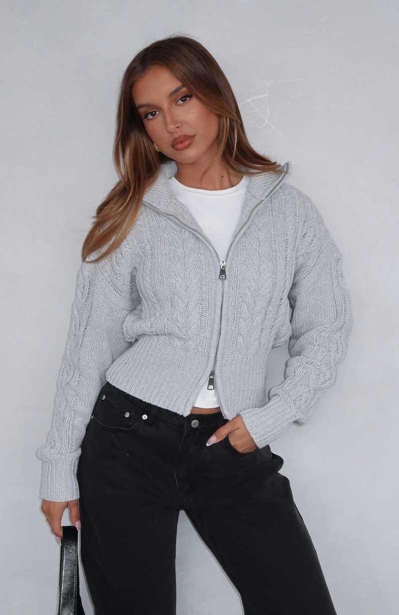 White Fox All At Once Zip Front Knit Sweater Grey Marle | DHSZRG-124