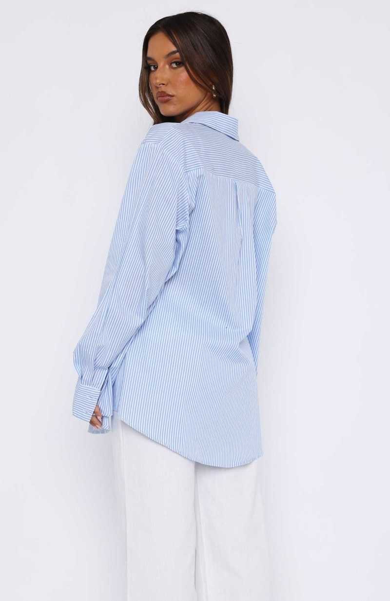 White Fox Always About Us Striped Button Up Shirt Light Blue | YFTKEQ-841