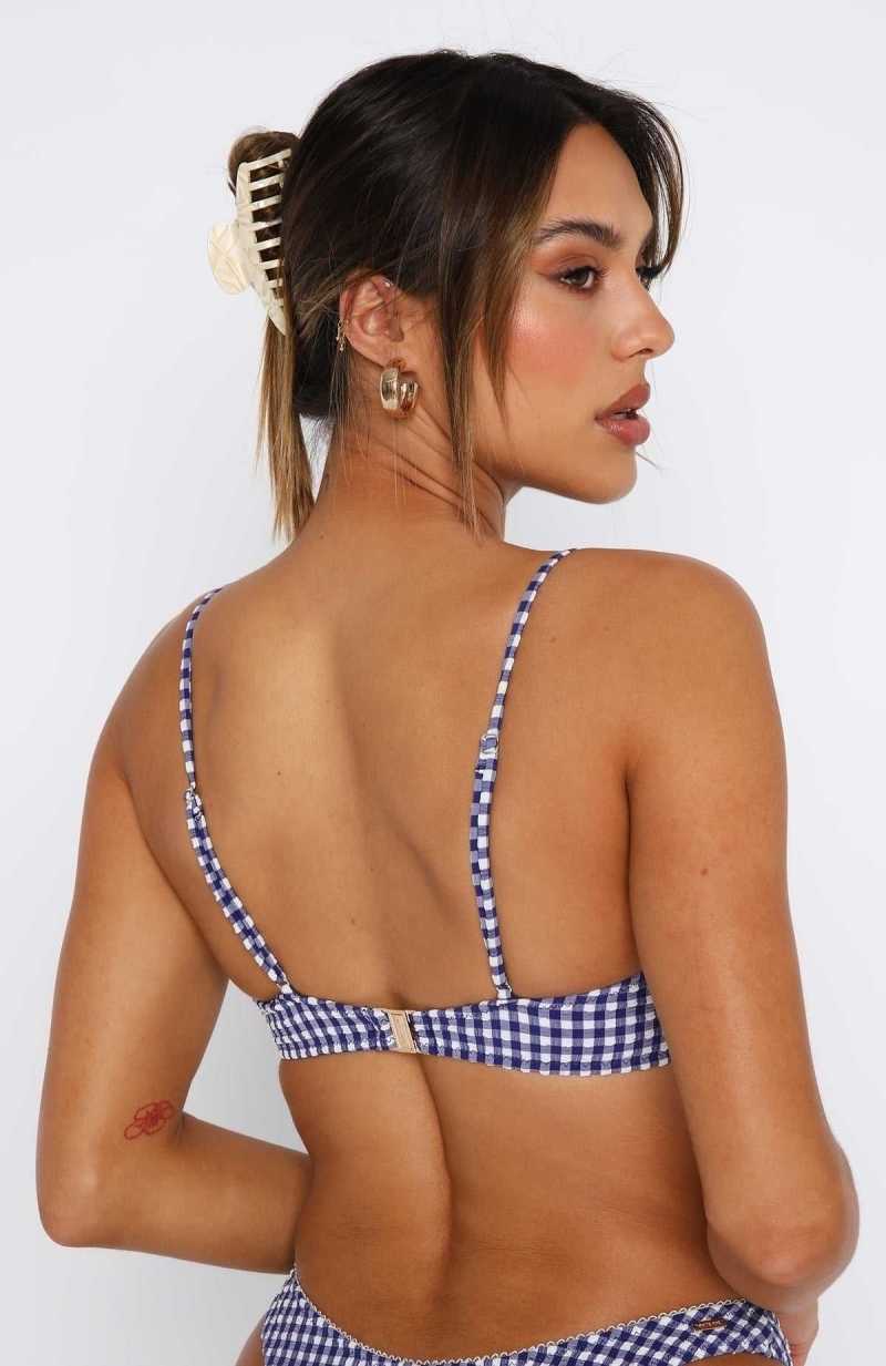 White Fox Beachside Bikini Top Blue Gingham | TLQCBZ-239