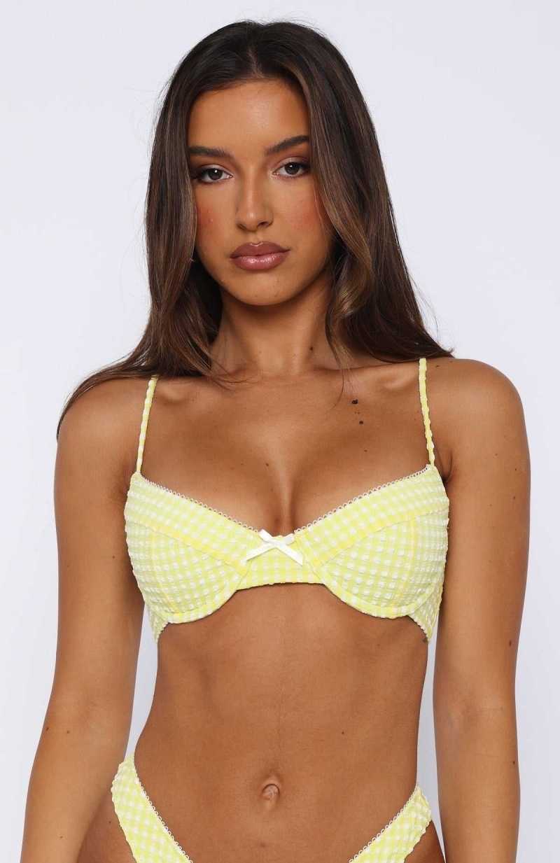 White Fox Beachside Bikini Top Yellow Gingham | GXFMHC-135