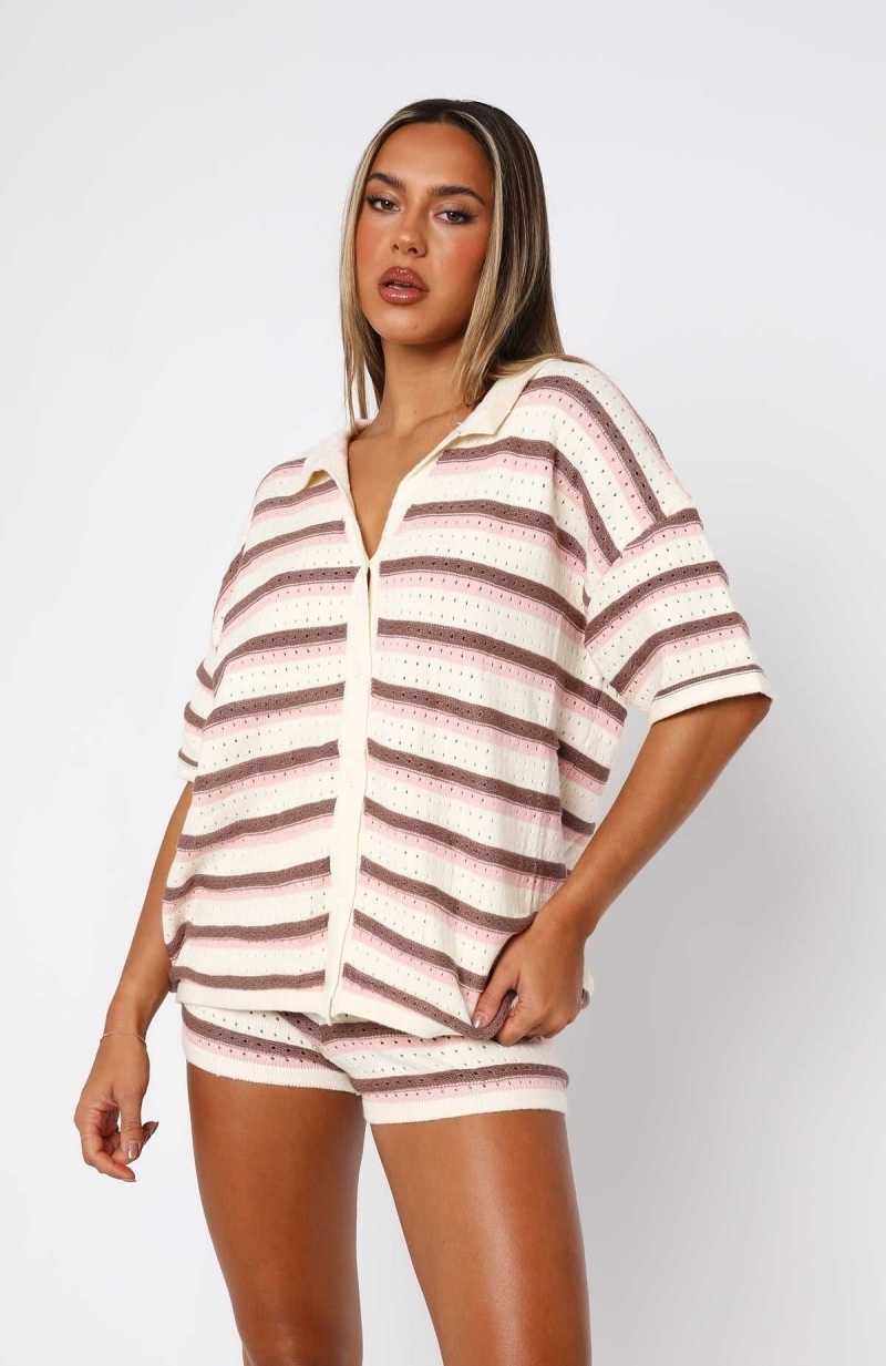 White Fox Behind The Scenes Striped Shirt Neutral Blush | CMYNXQ-093