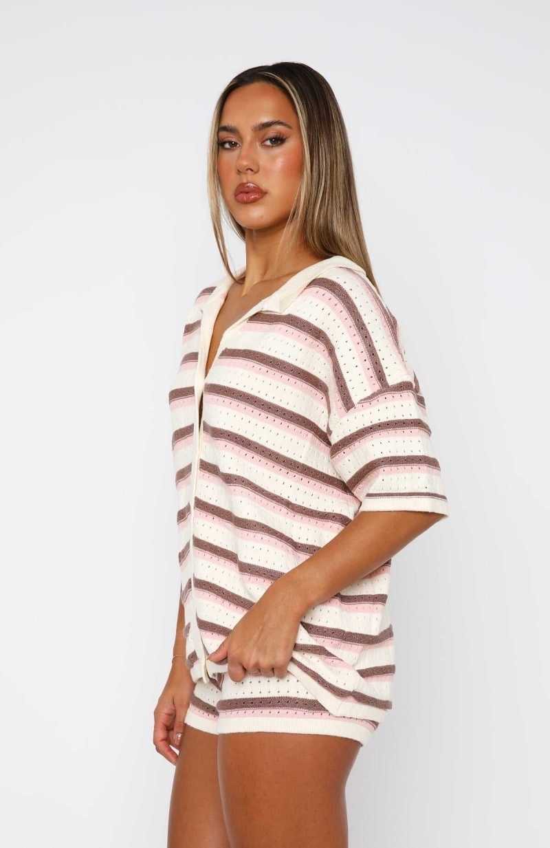 White Fox Behind The Scenes Striped Shirt Neutral Blush | CMYNXQ-093