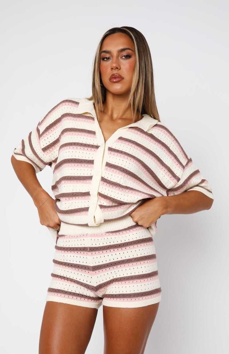 White Fox Behind The Scenes Striped Shorts Neutral Blush | DITYPR-280