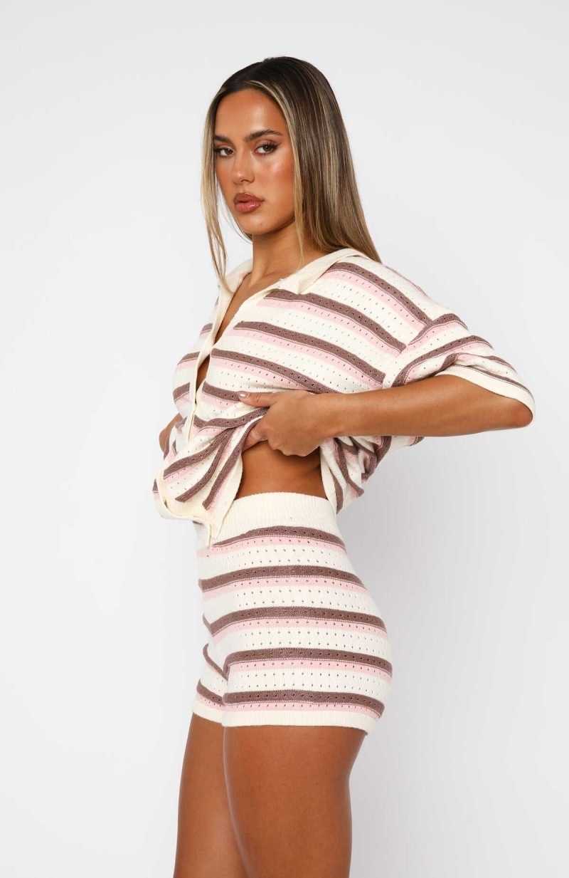 White Fox Behind The Scenes Striped Shorts Neutral Blush | DITYPR-280