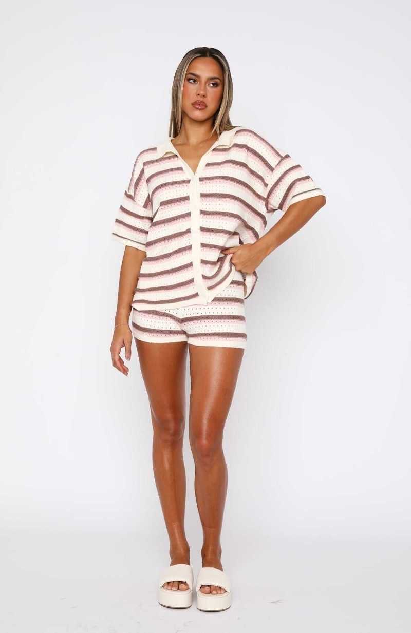 White Fox Behind The Scenes Striped Shorts Neutral Blush | DITYPR-280