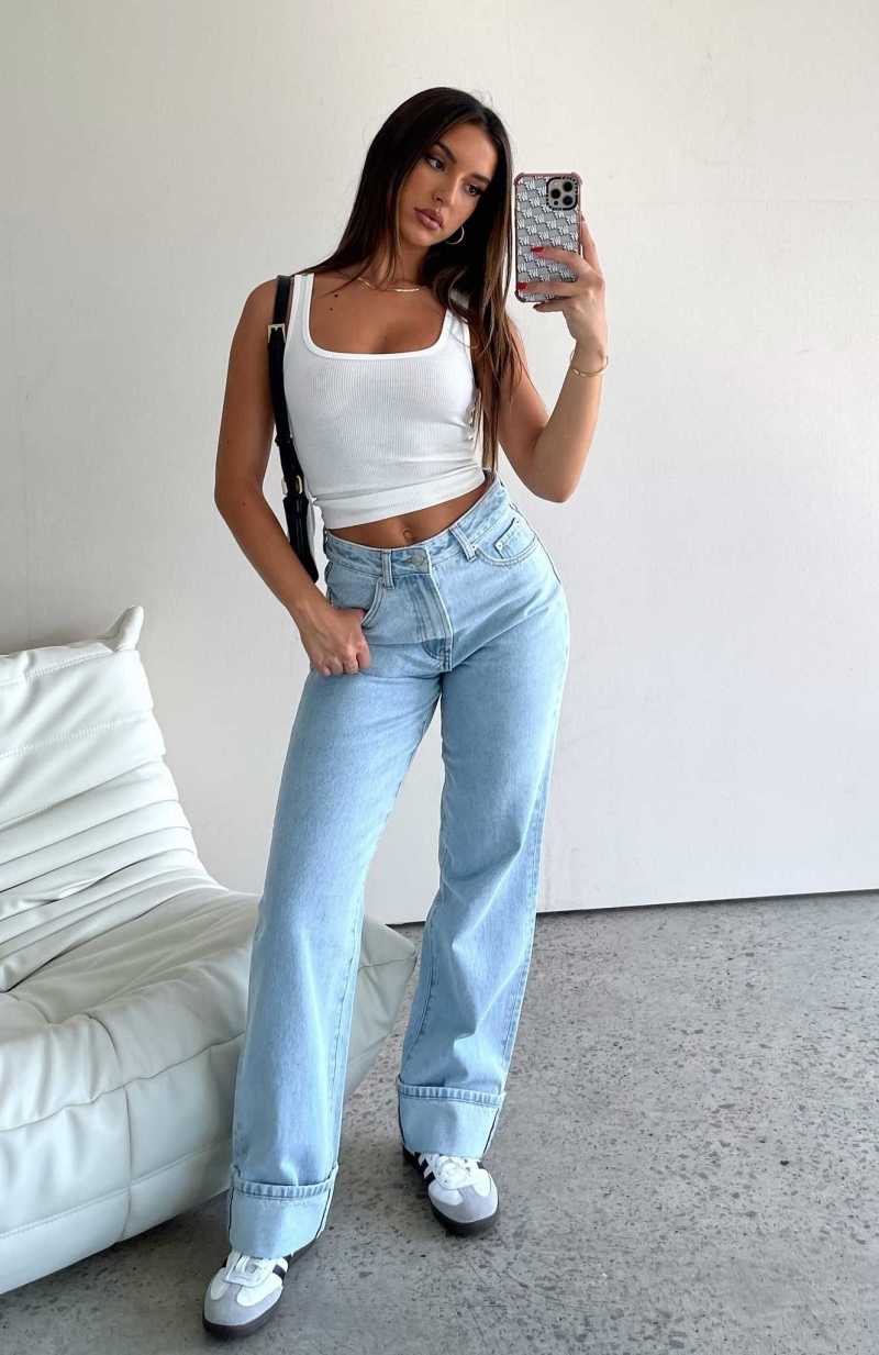 White Fox Blair High Rise Wide Leg Jeans Light Blue | NPKVFX-863