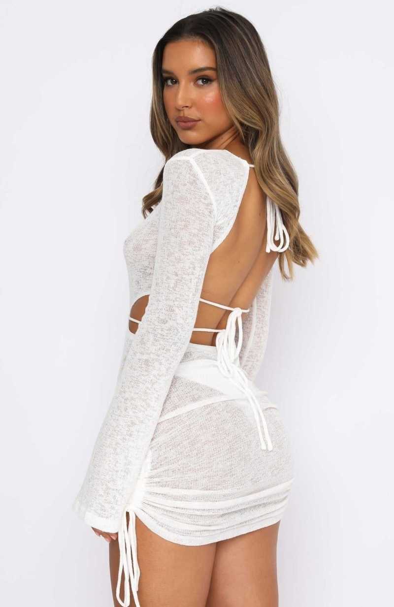 White Fox Break Free Long Sleeve Mini Dress White | VMYDNU-792