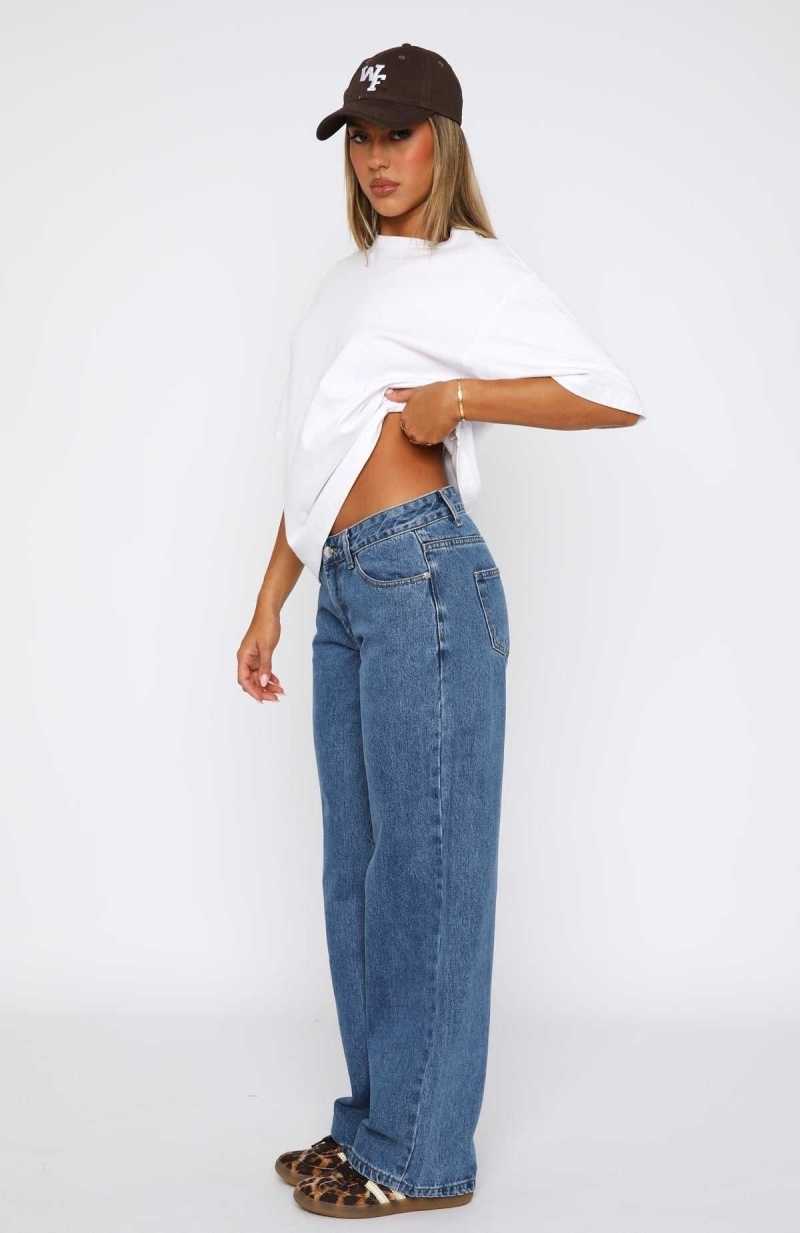 White Fox Bring The Style Low Rise Wide Leg Jeans Admiral Blue | IQAOEF-042