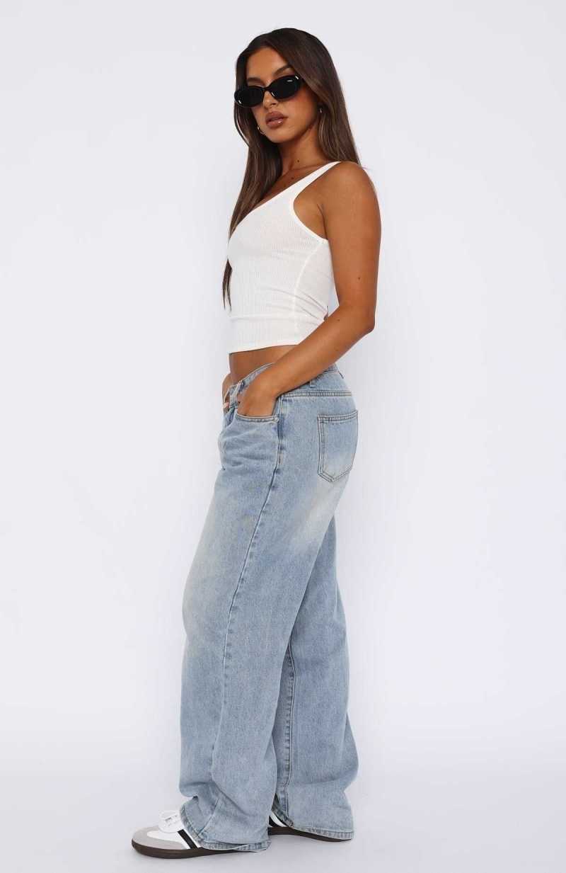 White Fox Bring The Style Low Rise Wide Leg Jeans Light Blue Wash | YNCTZH-783