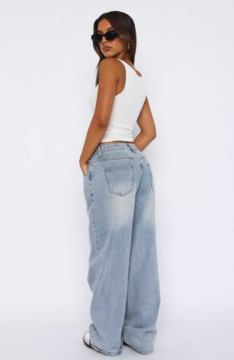 White Fox Bring The Style Low Rise Wide Leg Jeans Light Blue Wash | YNCTZH-783