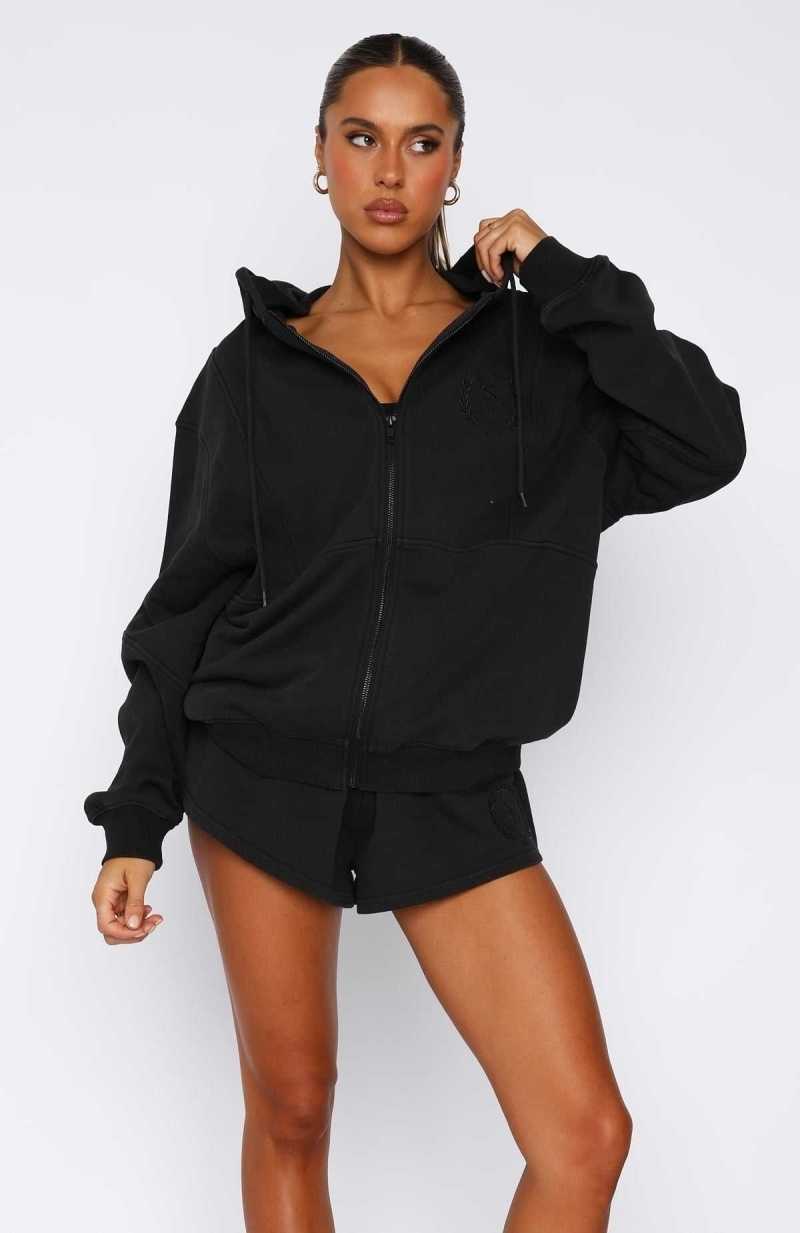 White Fox Cameron Zip Front Hoodie Vintage Black | GBWXPC-701