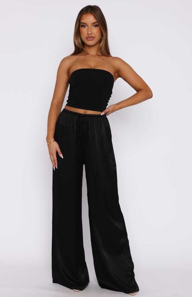 White Fox Catching Up Wide Leg Pants Black | AGQSKF-846