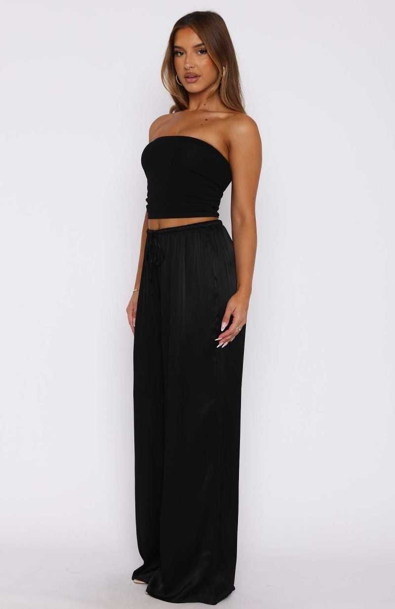 White Fox Catching Up Wide Leg Pants Black | AGQSKF-846