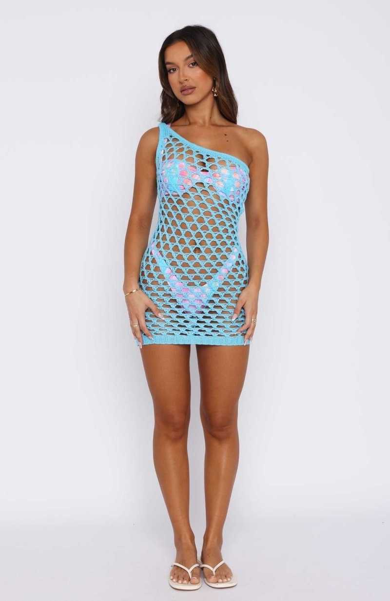 White Fox Chasing Sunshine Crochet Mini Dress Blue | RUPEZT-129