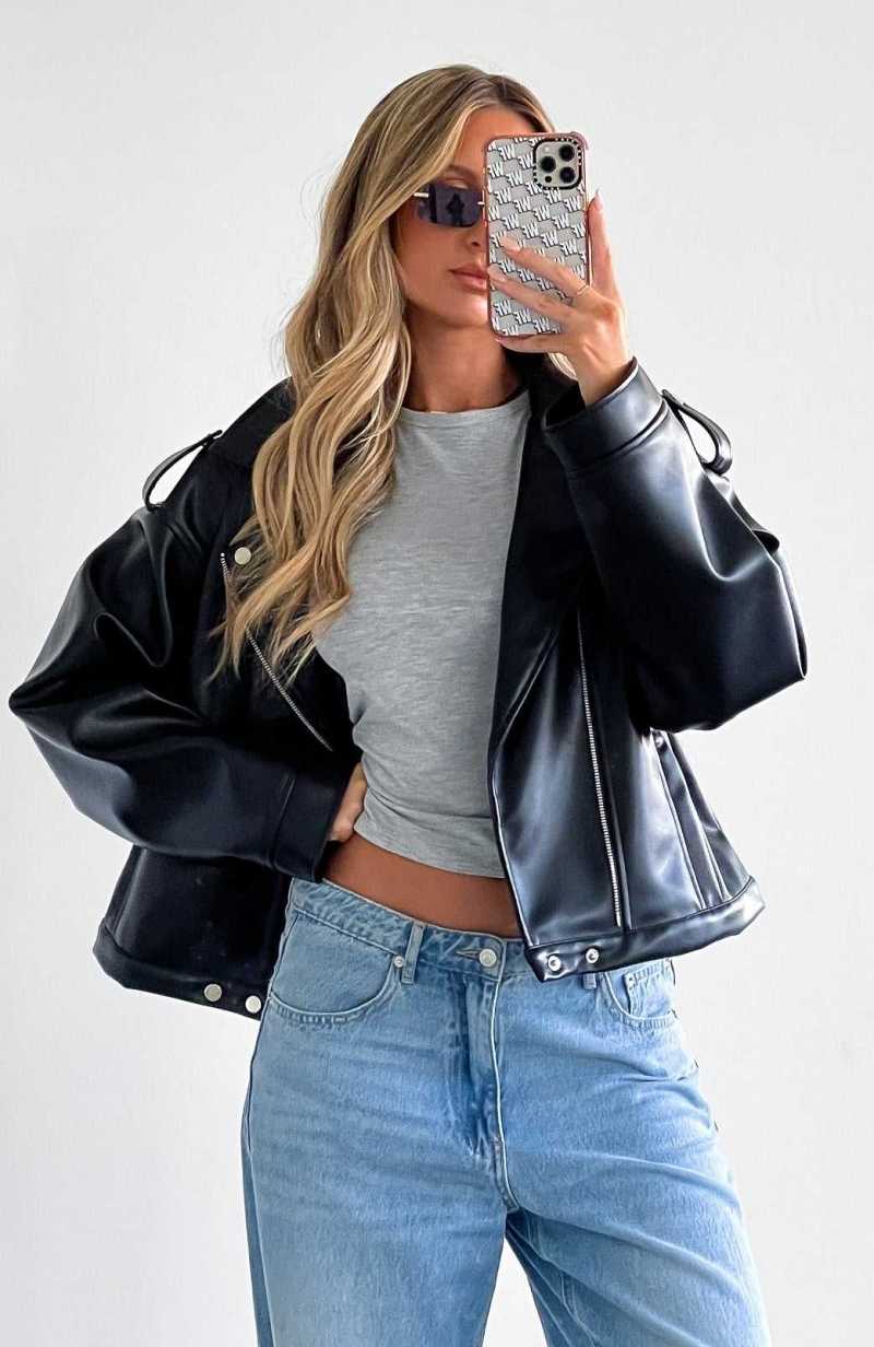 White Fox City Is Mine PU Biker Jacket Black | WGOVXH-879