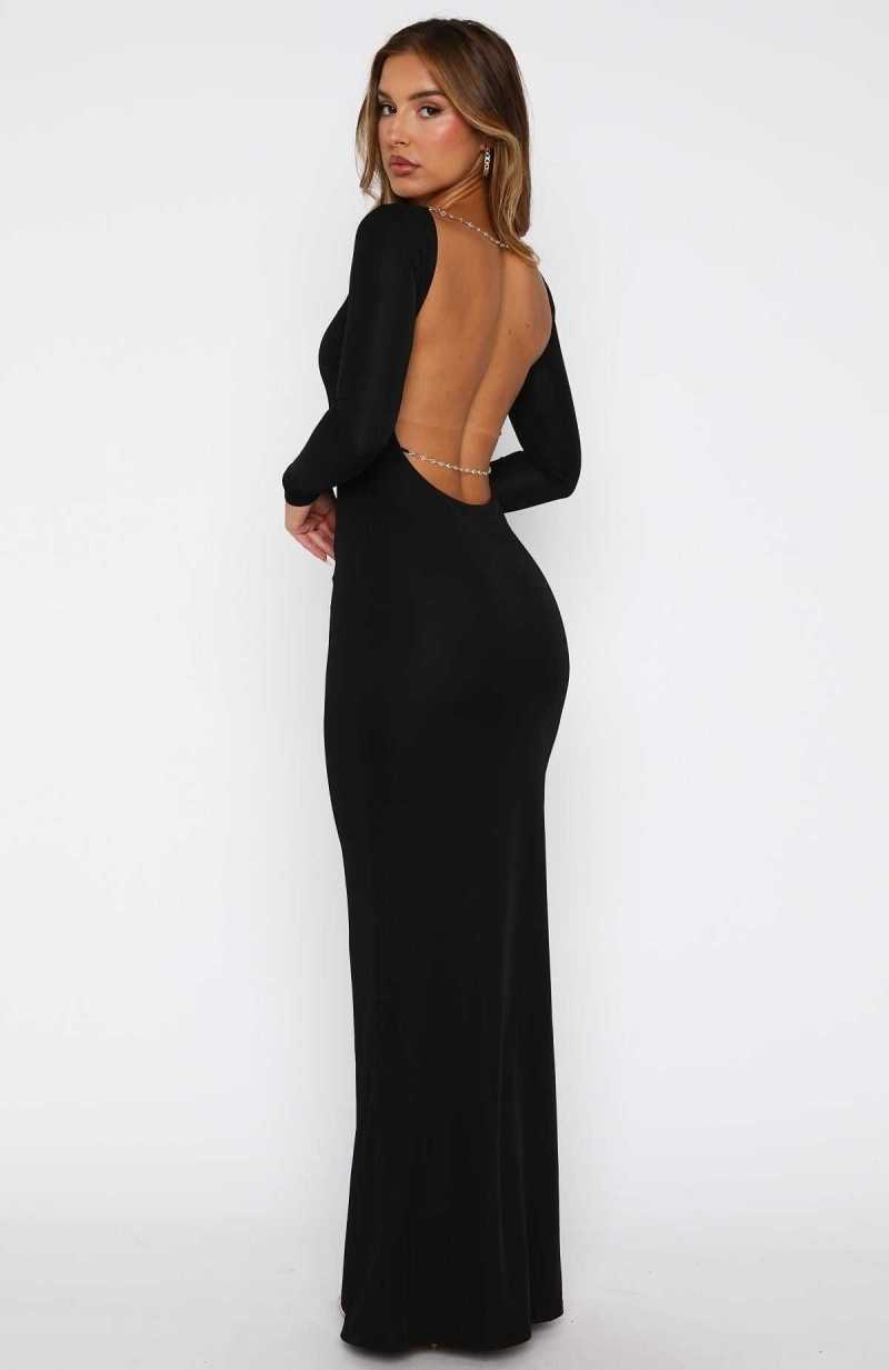 White Fox Countdown To Midnight Maxi Long Sleeve Dress Black | QRNEXV-463