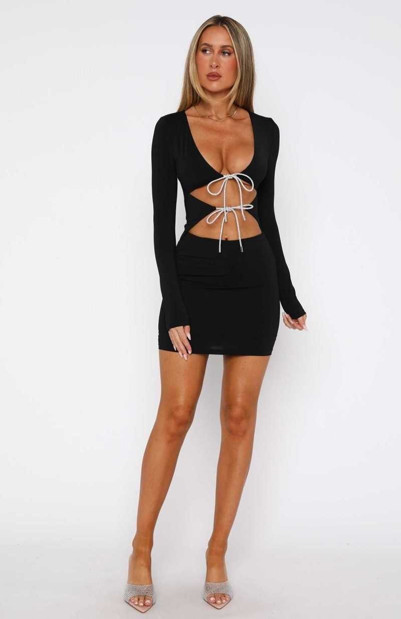 White Fox Dance Until Dawn Long Sleeve Mini Dress Black | QLCMKI-908