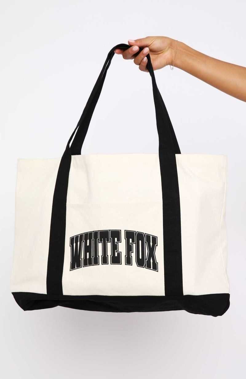 White Fox Decade Classics Varsity Tote Bag Cream/Black | FGZTMS-173