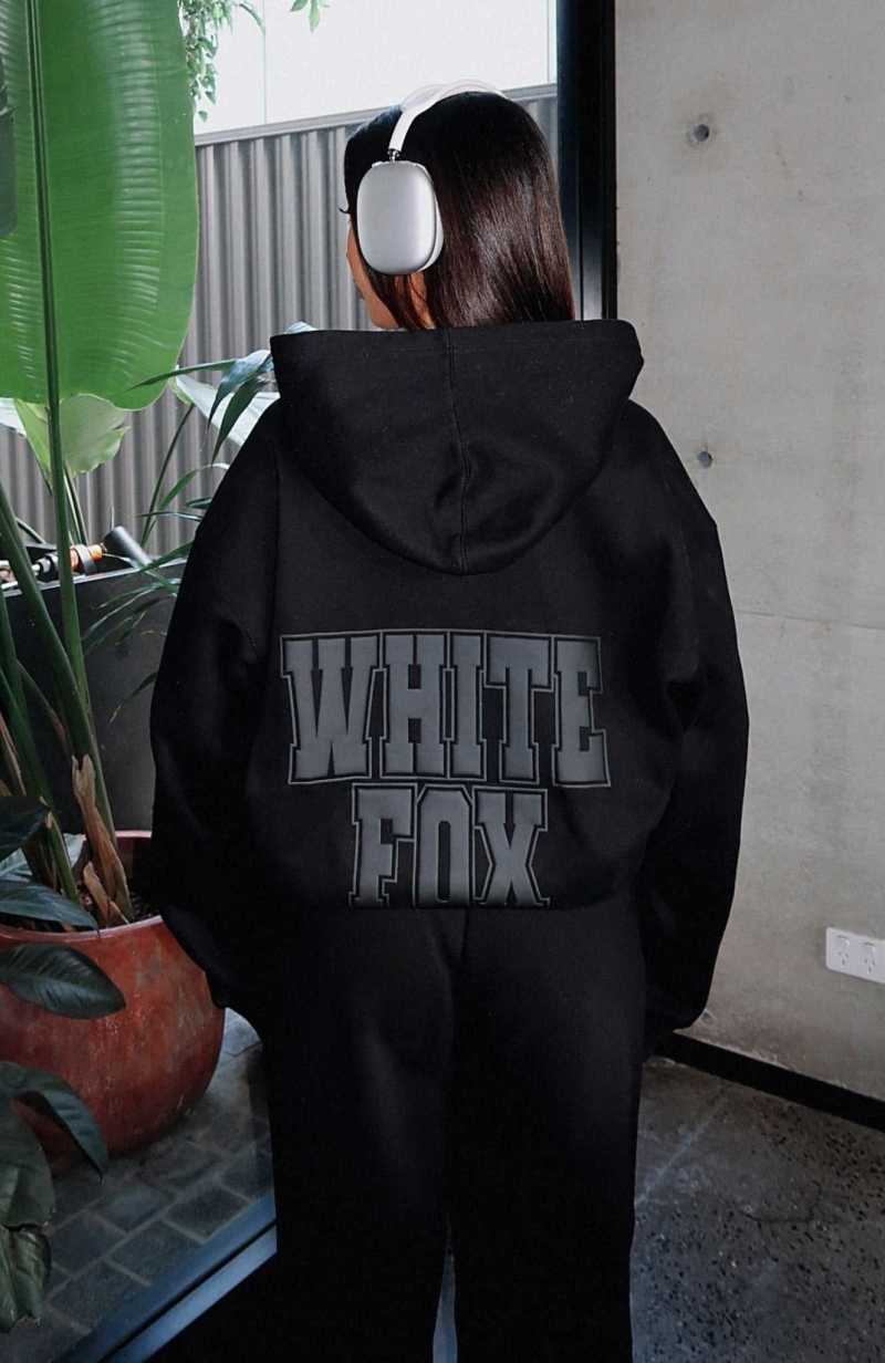 White Fox Decade Classics Varsity Zip Front Hoodie Black | YTWIMX-687